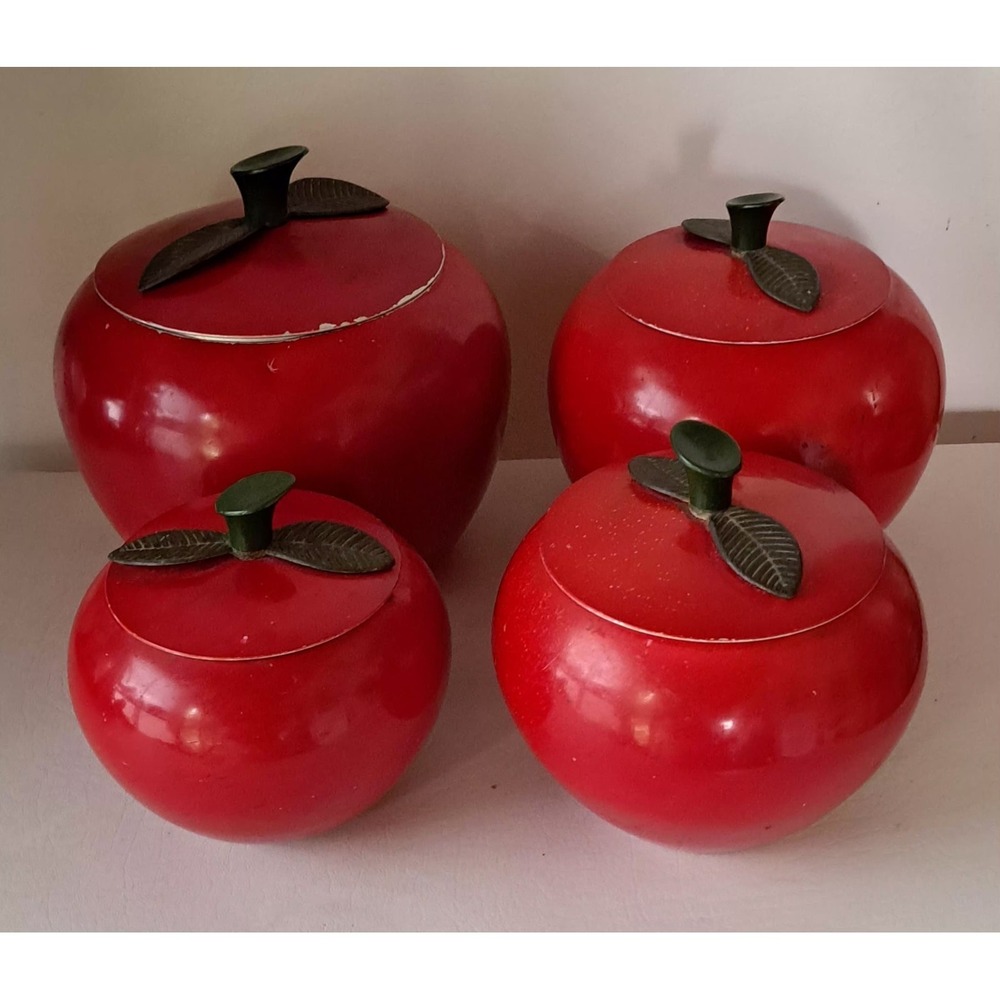 Vtg Red Apple 4-Pc Aluminum Metal Cannister Set MCM Kitchen - Picture 7 of 10